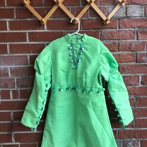 Handmade Vintage Girls Dress Mint Green with Pom-poms 50's Retro Metal Zipper